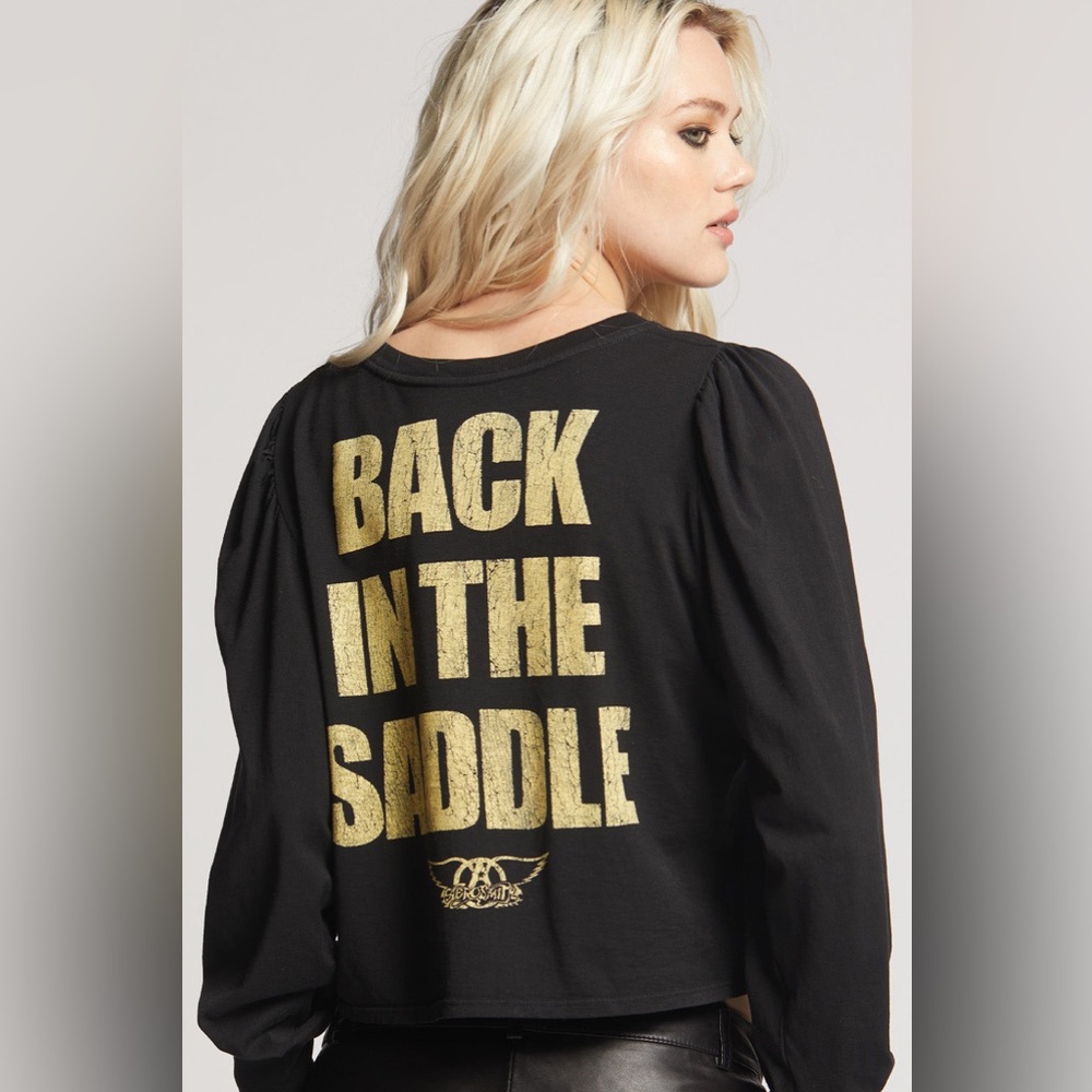 NWT Recycled Karma Aerosmith Back In The Saddle Cropped Long Puff Sleeve Top - Picture 5 of 12